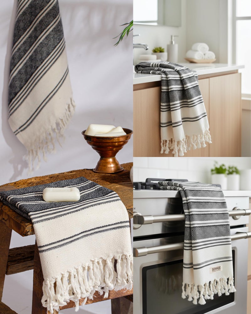 DEMMEX Organic Turkish Hand Towels for Bathroom â€“ 100% Oeko-TEX Certified Turkish Cotton, Quick Dry, Lightweight Kitchen & Travel Towels, Diamond Weave, Large 18x36 Inches, Set of 2, Black - Image 2